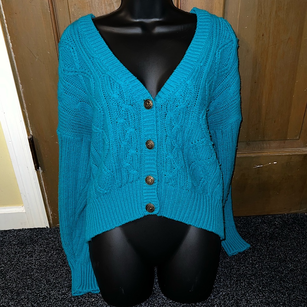 ⭐️Vintage Patsys Place Blue Green Acrylic Long Sleeve Button Up Cardigan Size L